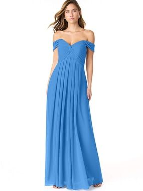 Azazie A2 Blue A-Line Chiffon Off Shoulder Bridesmaid Maxi Formal Dress